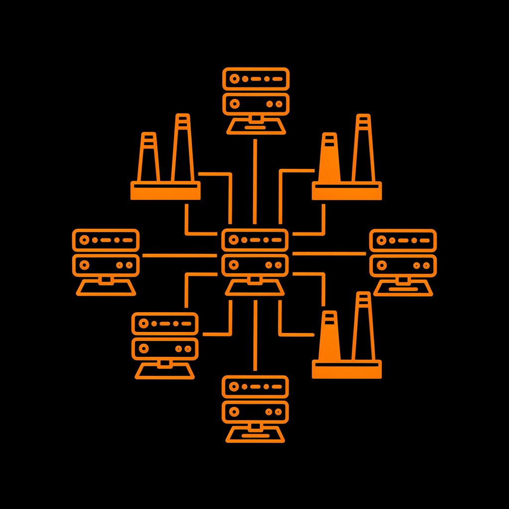 Technical vector icon of computer networks and chimneys, bright orange color, minimalist flat design, isolated on black background